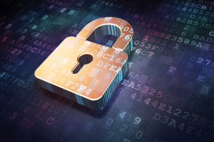Security concept: Golden closed padlock on digital background